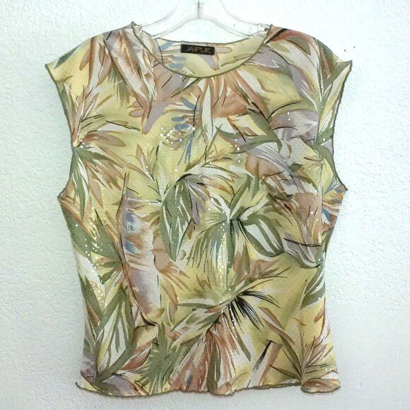 Jaipur, Green tropical leaves tank top, with clear sequins details - Picture 2 of 6